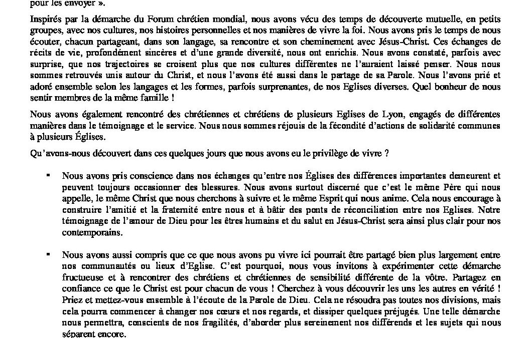 Message aux chrétiens et chrétiennes de toutes les Églises